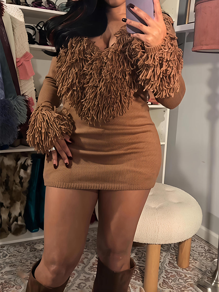 Faux Fur Trim Deep V-Neck Sweater Mini Dress