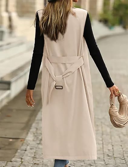 Long Vest Casual Double Breasted Sleeveless Trench Coat Jackets