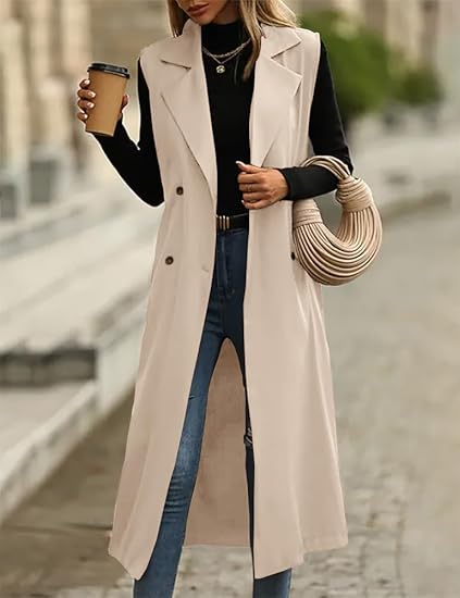 Long Vest Casual Double Breasted Sleeveless Trench Coat Jackets
