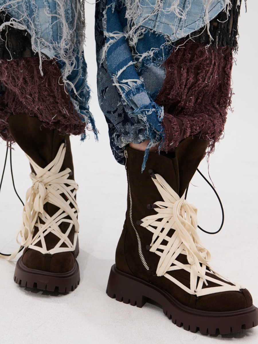 Chocolate Cross-Strap Suede Boots