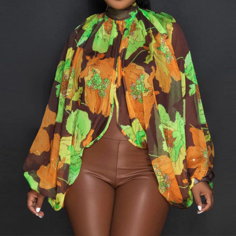 Printed Lace-Up Chiffon Top