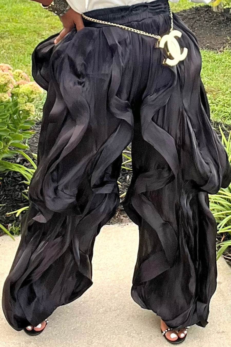 Organza Oversized Ruffle Drawstring Elastic Waist Jogger Pants