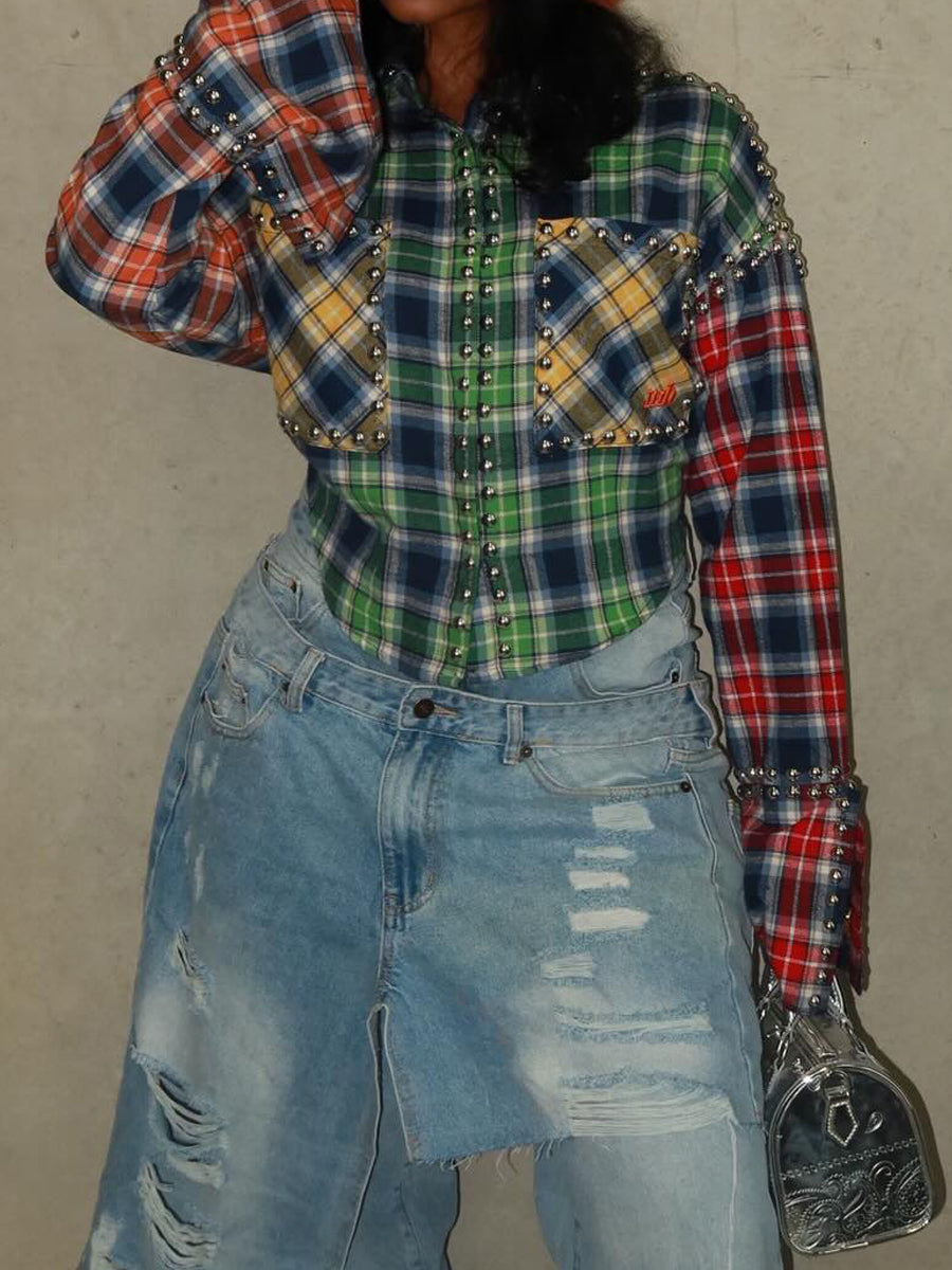 Studded Plaid Print Patchwork Shirt