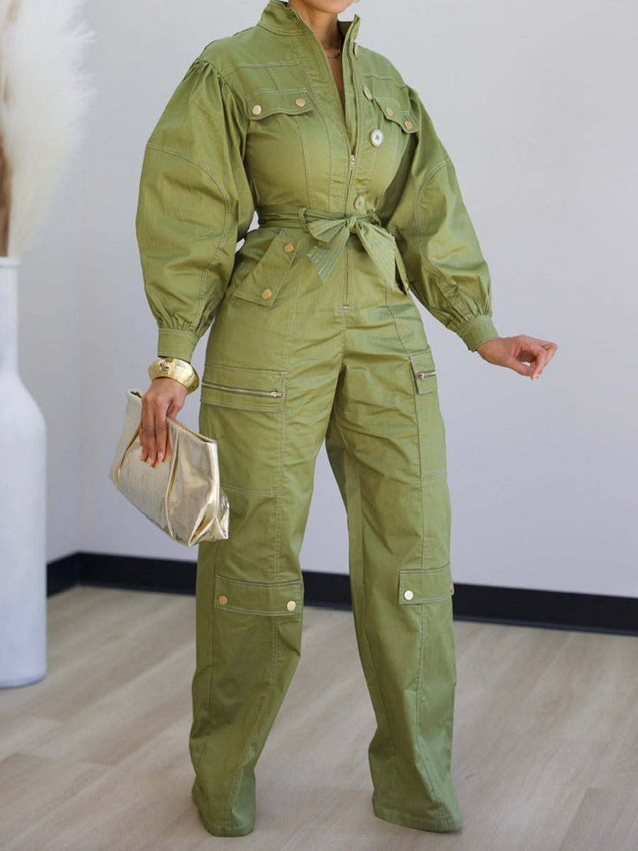 Fasion Pockets Zip Up Belted Jumpsuit
