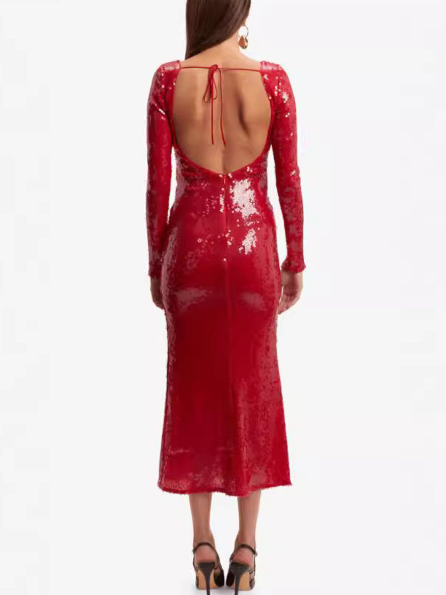 Sequined Deep V Neck Backless Gown Dress