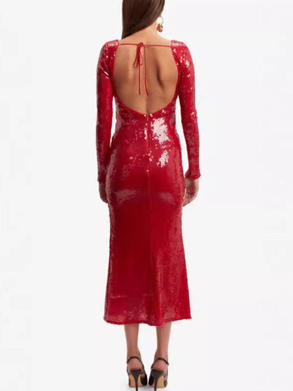 Sequined Deep V Neck Backless Gown Dress