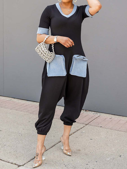 Casual V-Neck Denim Patchwork Loose Jumpsuit