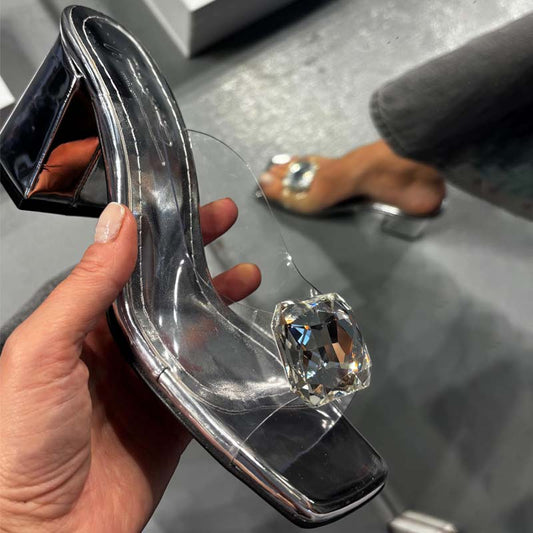 Rhinestone Sparkle Thick Heel Transparent High Heel Slippers