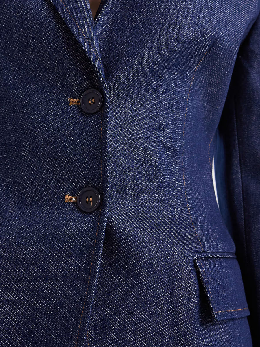 Darted Waist Notch Lapels Denim Blazer