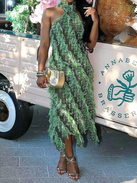 Sexy Turtleneck Sleeveless Tassel See-through Dress