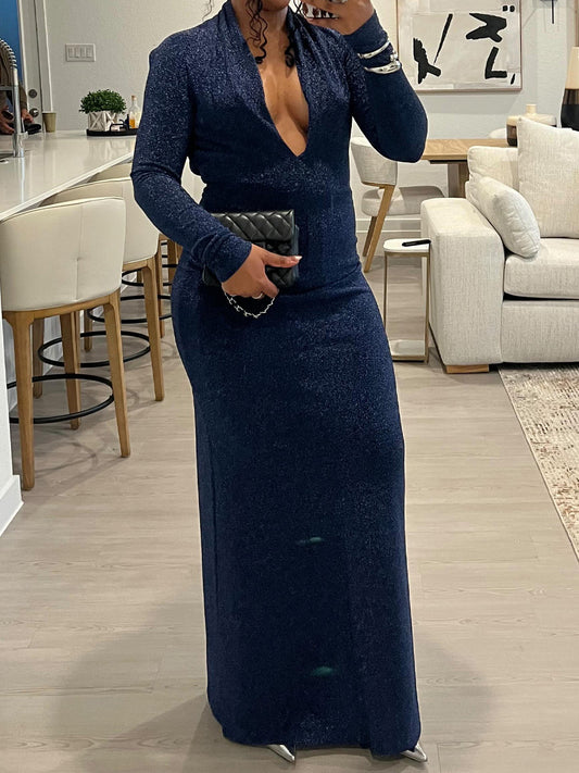 Plunge Neck Long Sleeve Open Back Maxi Dress