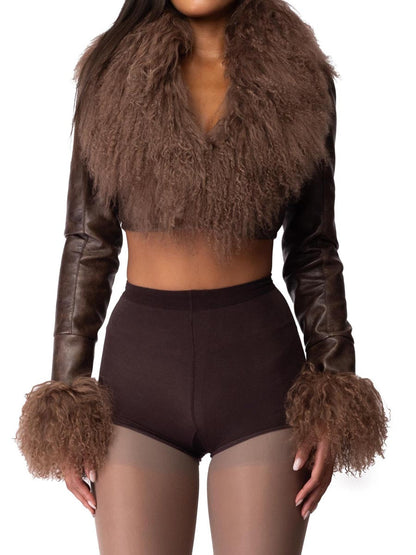 Faux Fur Trims Leather Cropped Jacket