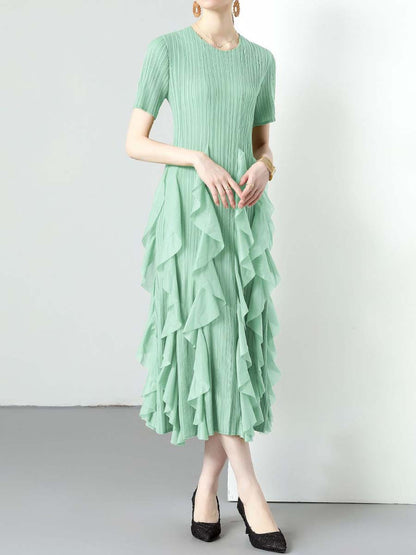 Ruffled Edges Round Neck High Waist Dress