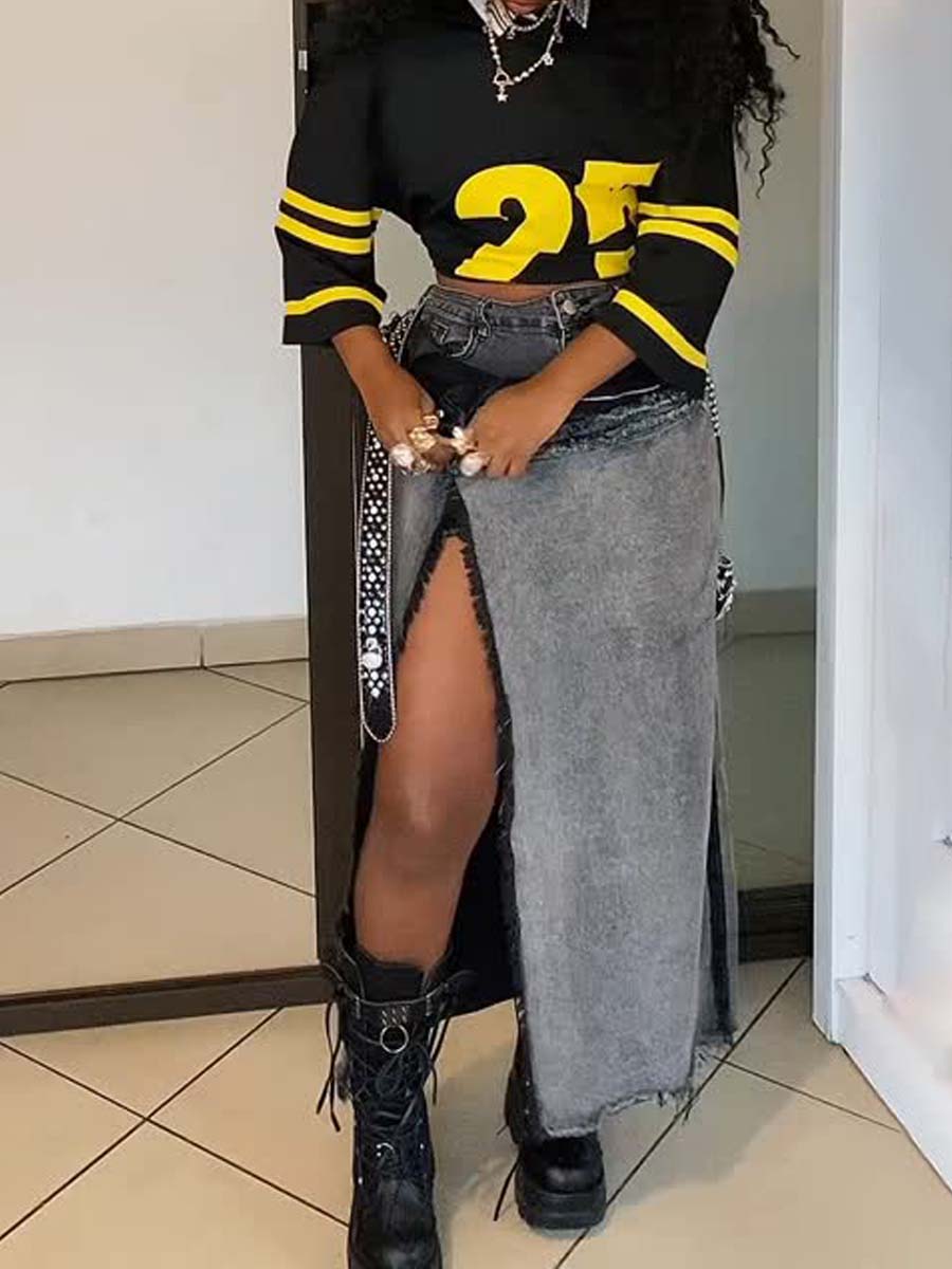 Washed Distressed Denim Dlit Faux Two-piece Skirt