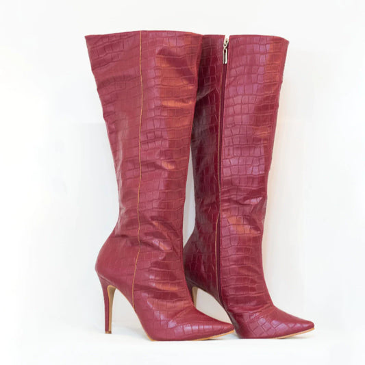 Bota Croco Vinho Lais Salto Fino 10cm