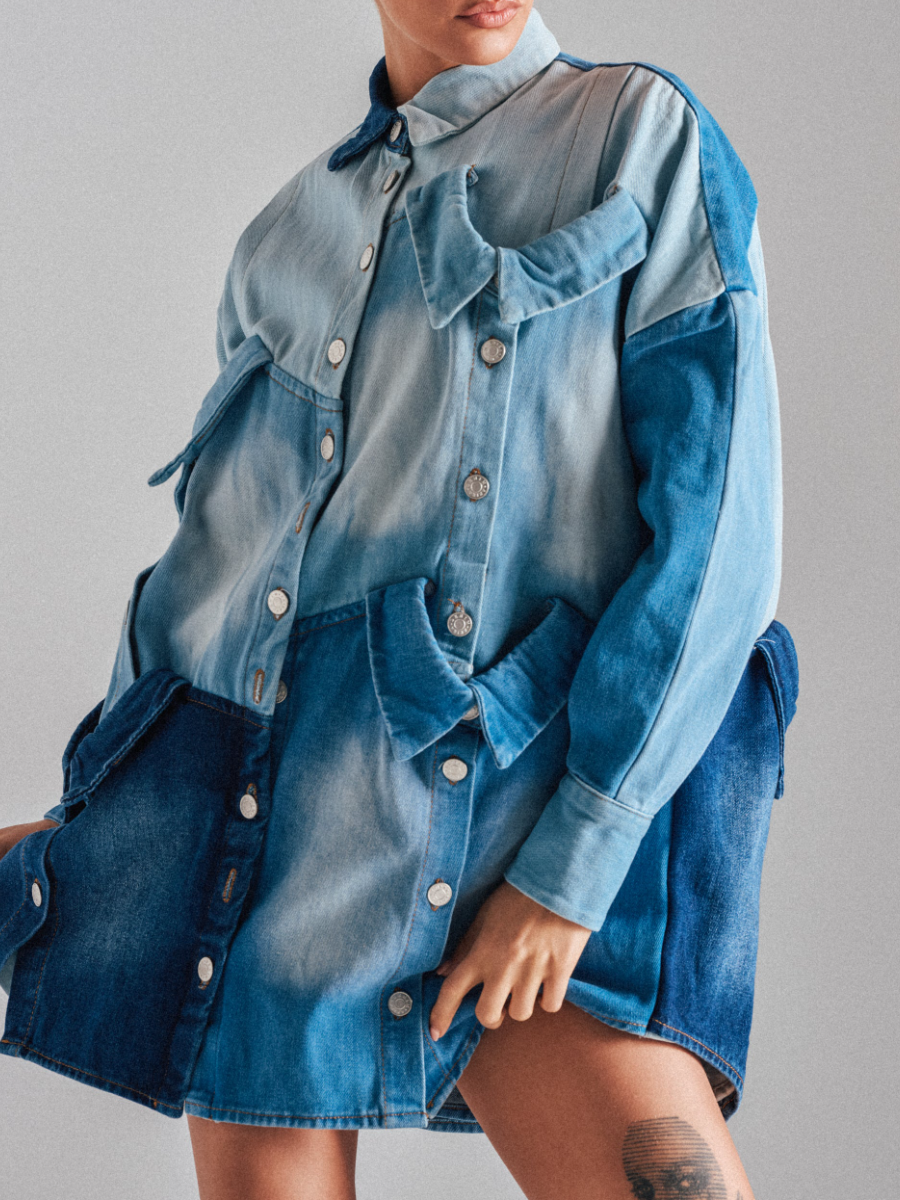 Denim Spliced Multi-Layer Faux-Collar Dress