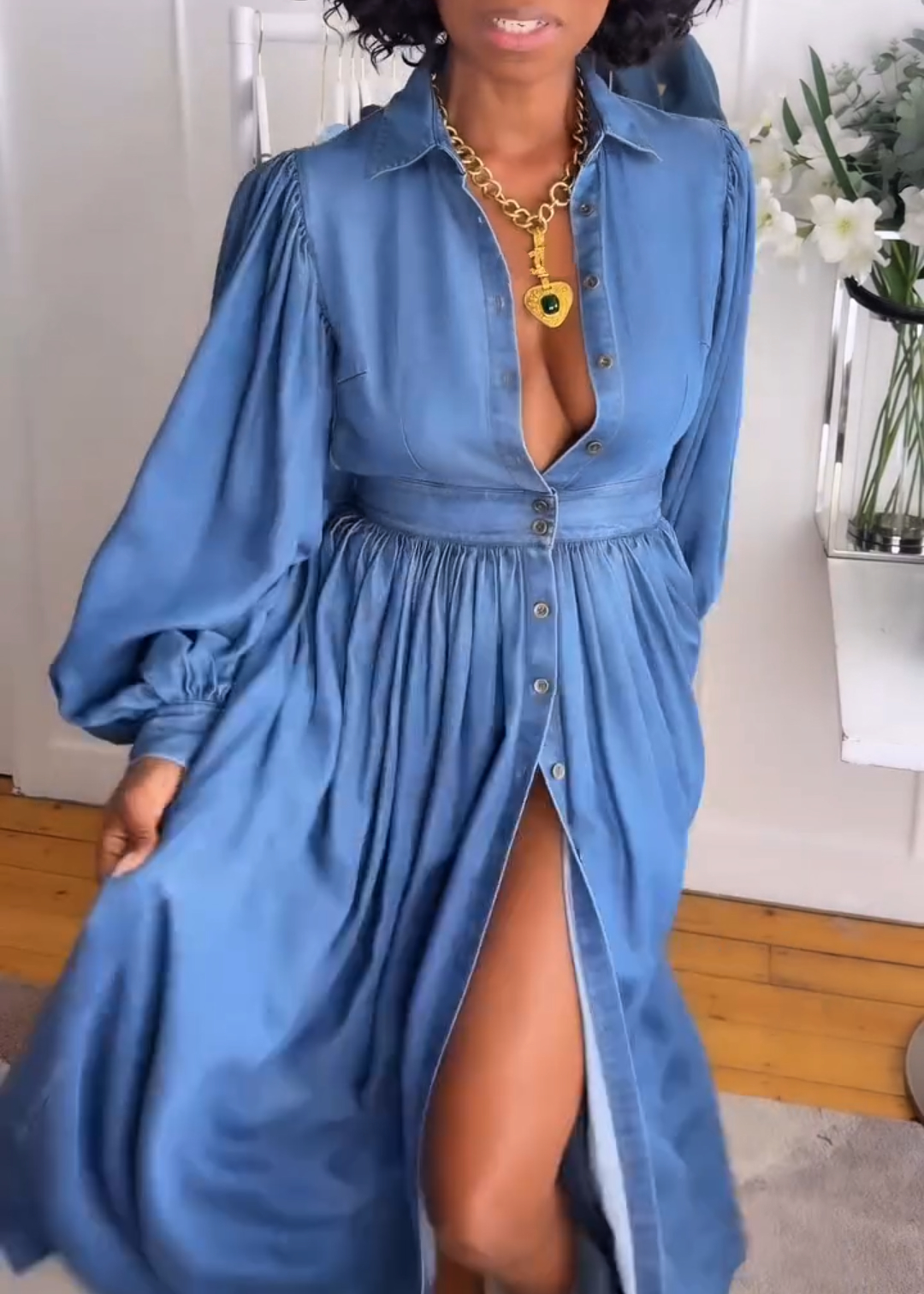 Backless Denim Shirt Maxi Dress