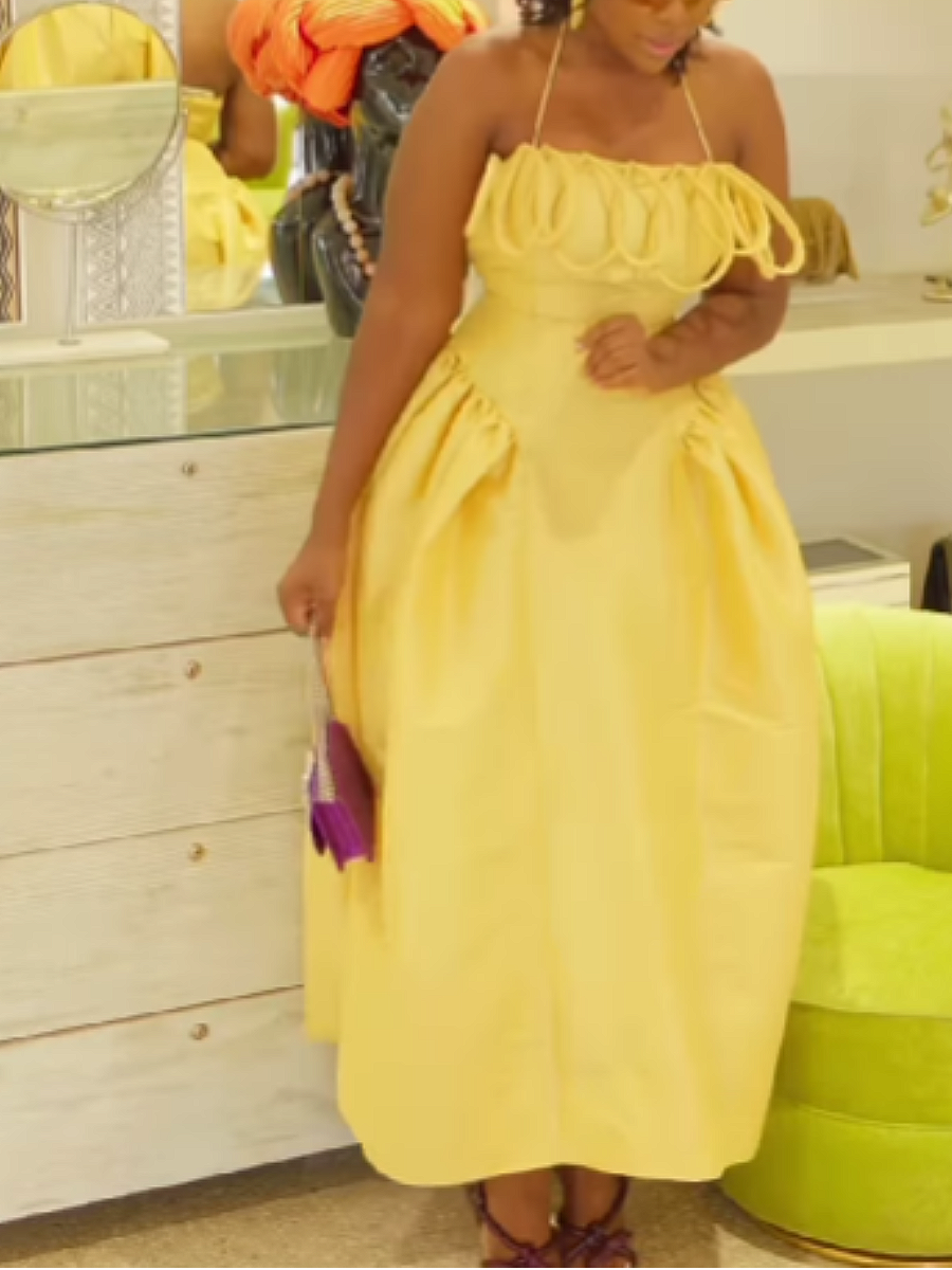 Fashion Hanging Neck Sling Pleated Solid Color Slim Large Dress