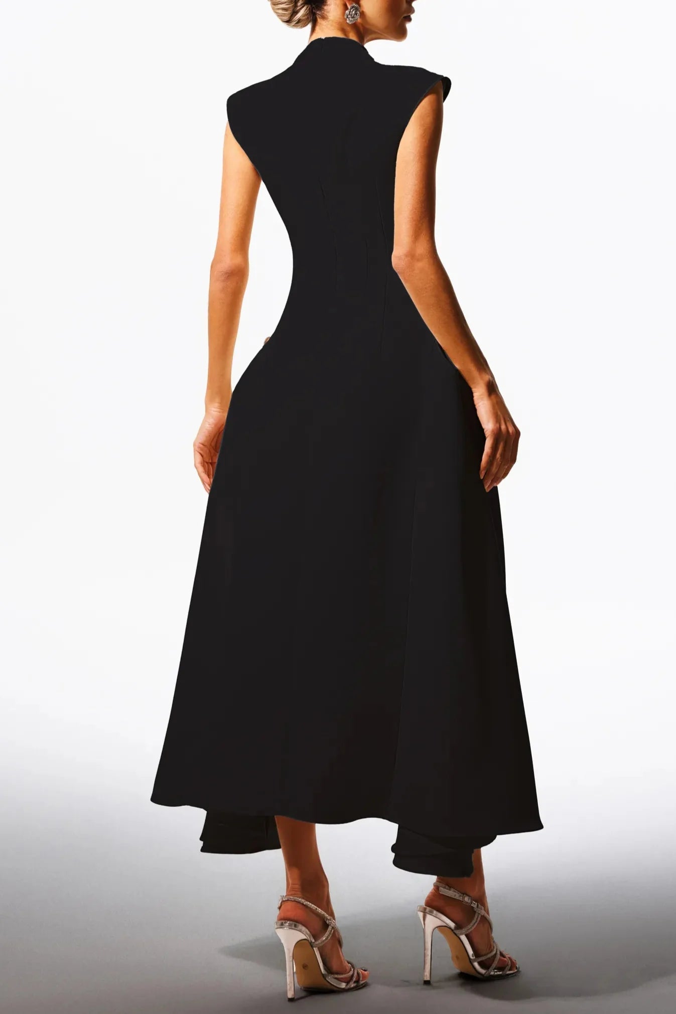 Black Sleeveless Metal Button Midi Dress