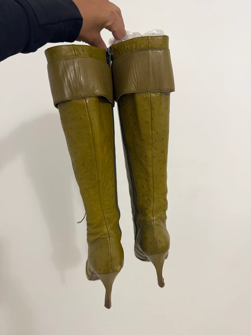Ostrich-Embossed Lace-Up Pointed-Toe High Heel Boots