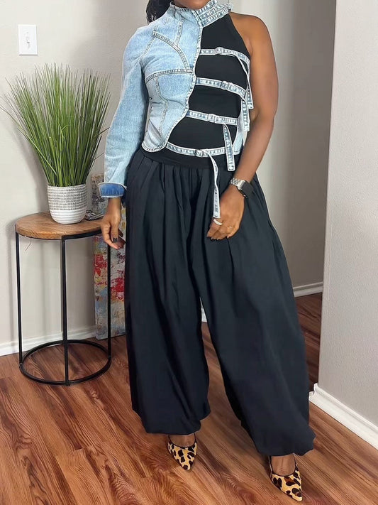 Denim Patchwork Top & Balloon Pants