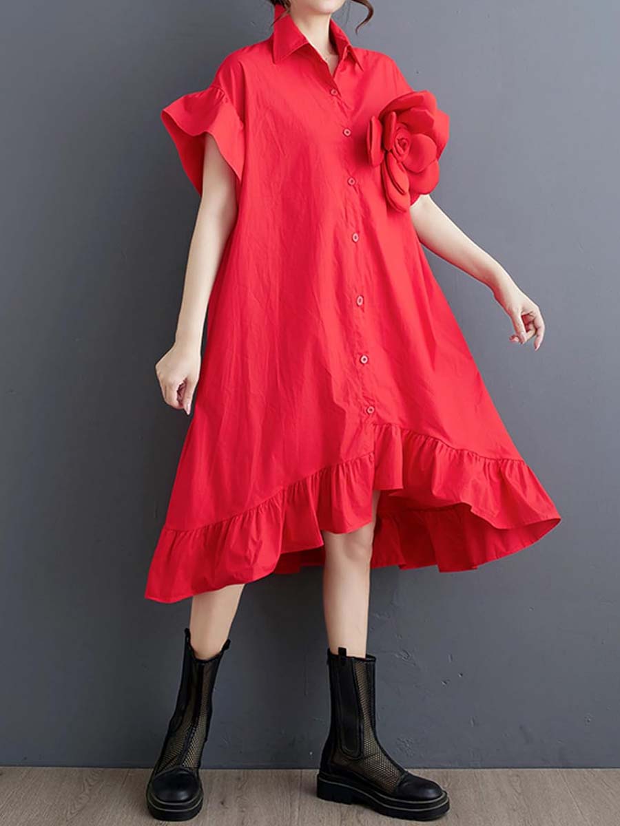 Loose Flounced 3D Flower Shirt Dress