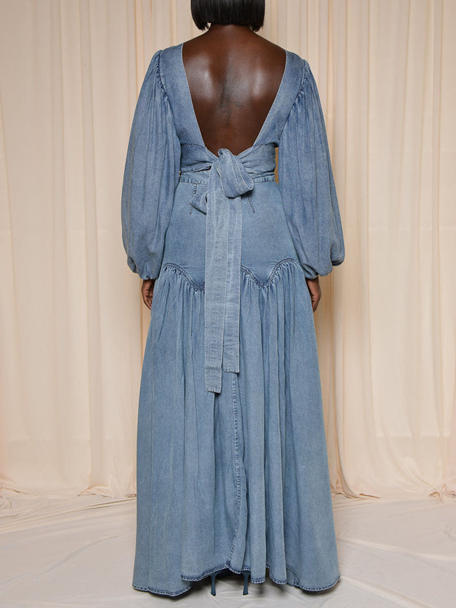 Denim Deep V Neck Backless Two Pieces Dress