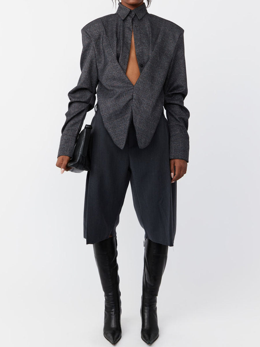 Plunging Neck Shoulder Padding Shirt