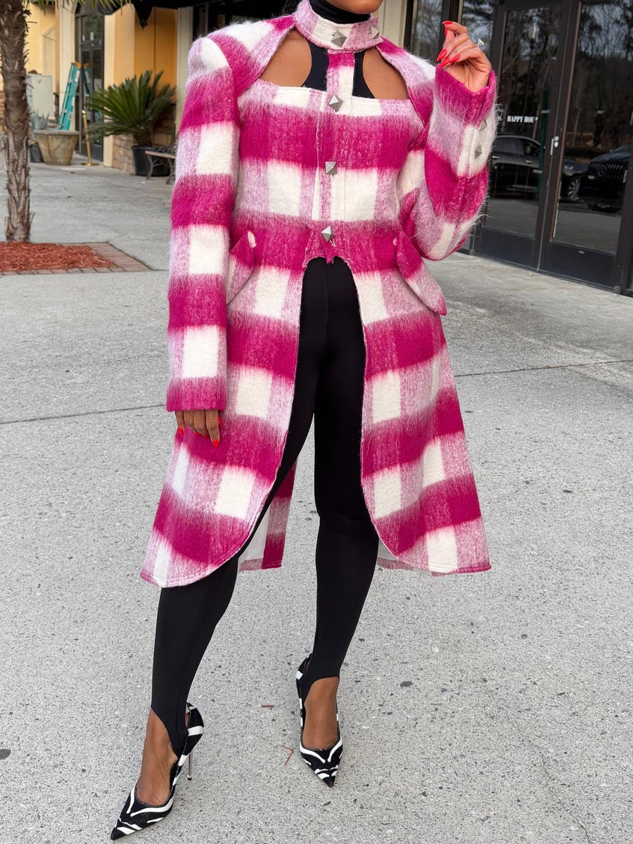 Plaid Print High Neck Cut Out Coat