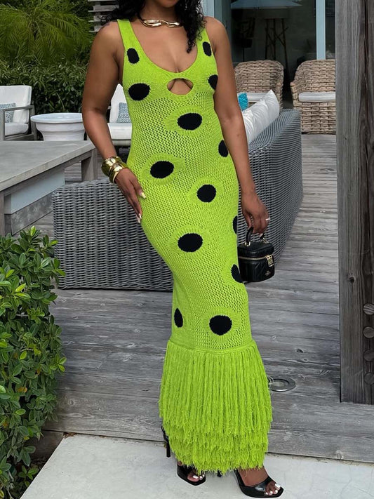 Fringed hem Deep V Neck Maxi Dress