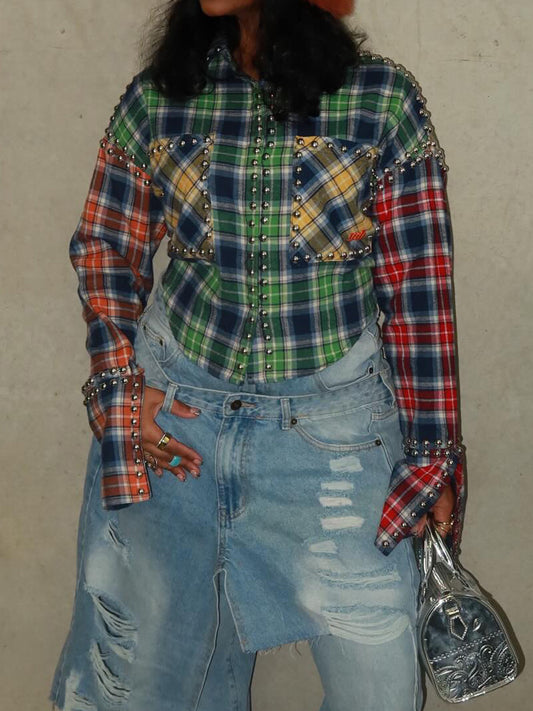 Studded Plaid Print Patchwork Shirt