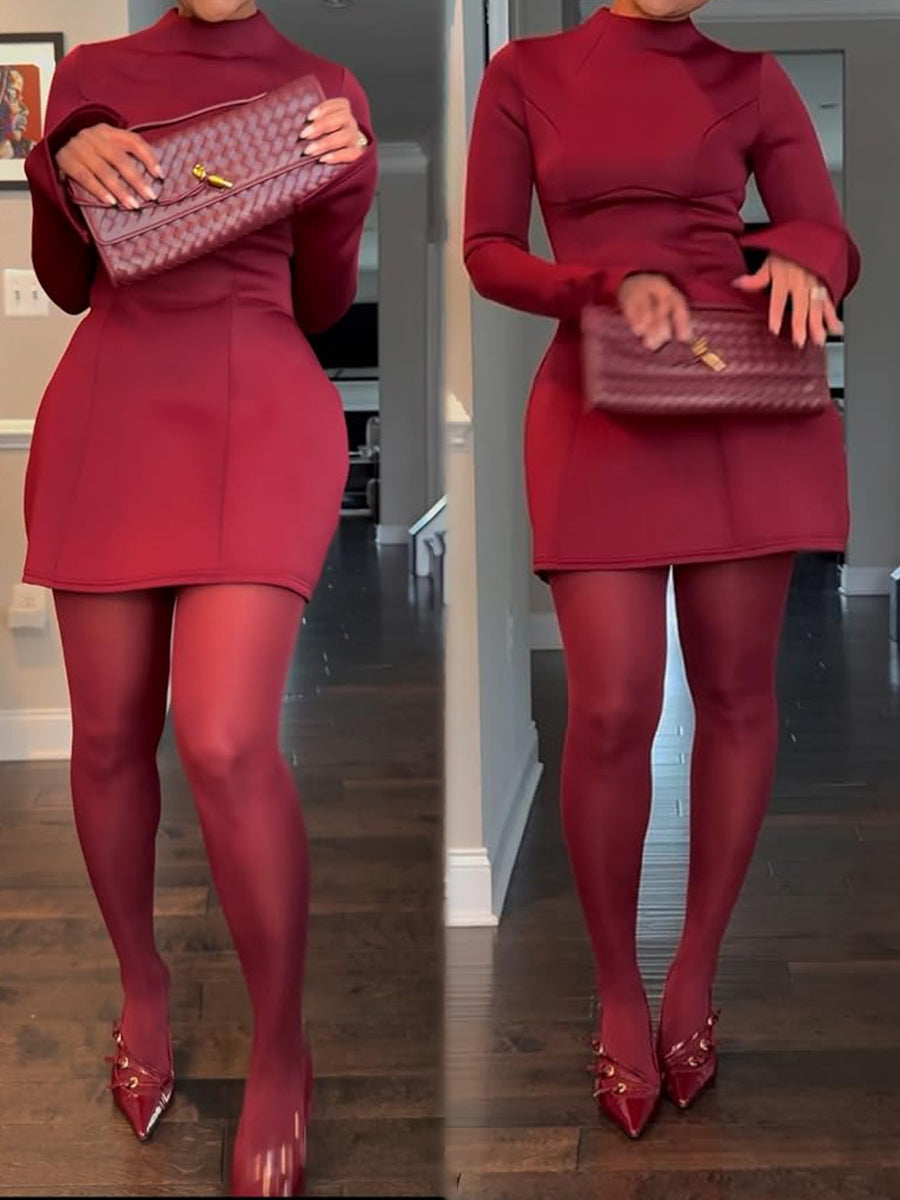 Mock Neck Long Sleeve Backless Sexy Mini Dress