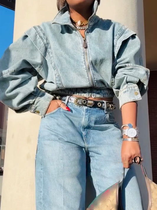 Stand Collar Patchwork Zip Up Denim Jacket