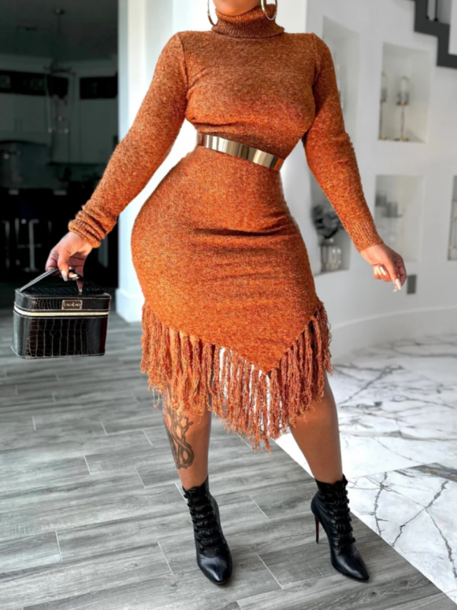 Asymmetrical Fringed Stretch Knit Dress