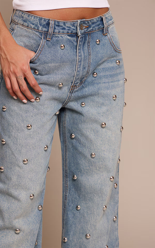 Mid Blue Dome Stud High Waisted Denim Jeans