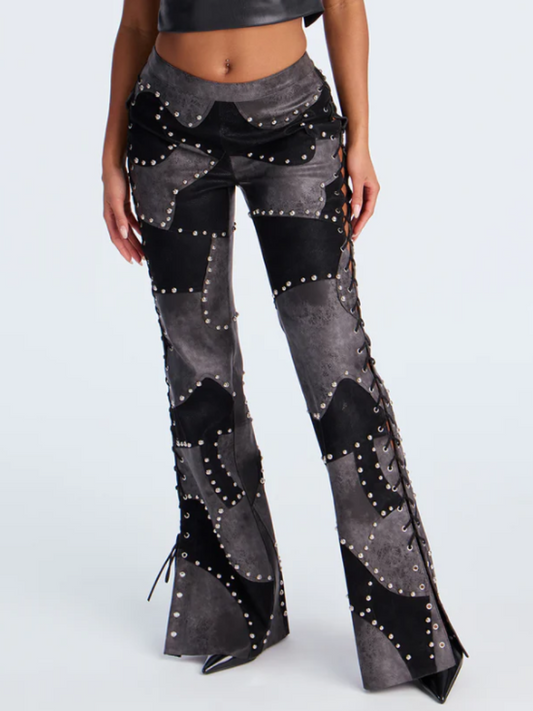 Faux-Leather Patchwork Flared Pants