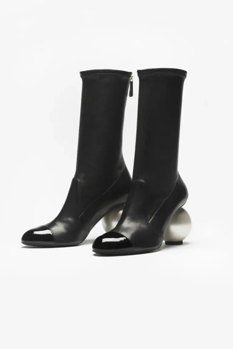 Irregular Pearl Ball High Heels & Color-Block Ankle Boots