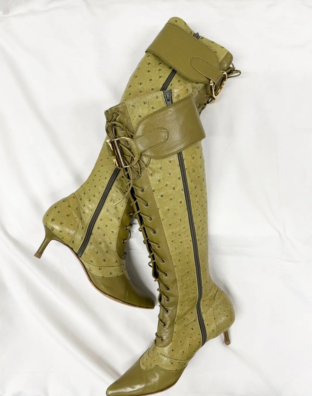 Ostrich-Embossed Lace-Up Pointed-Toe High Heel Boots