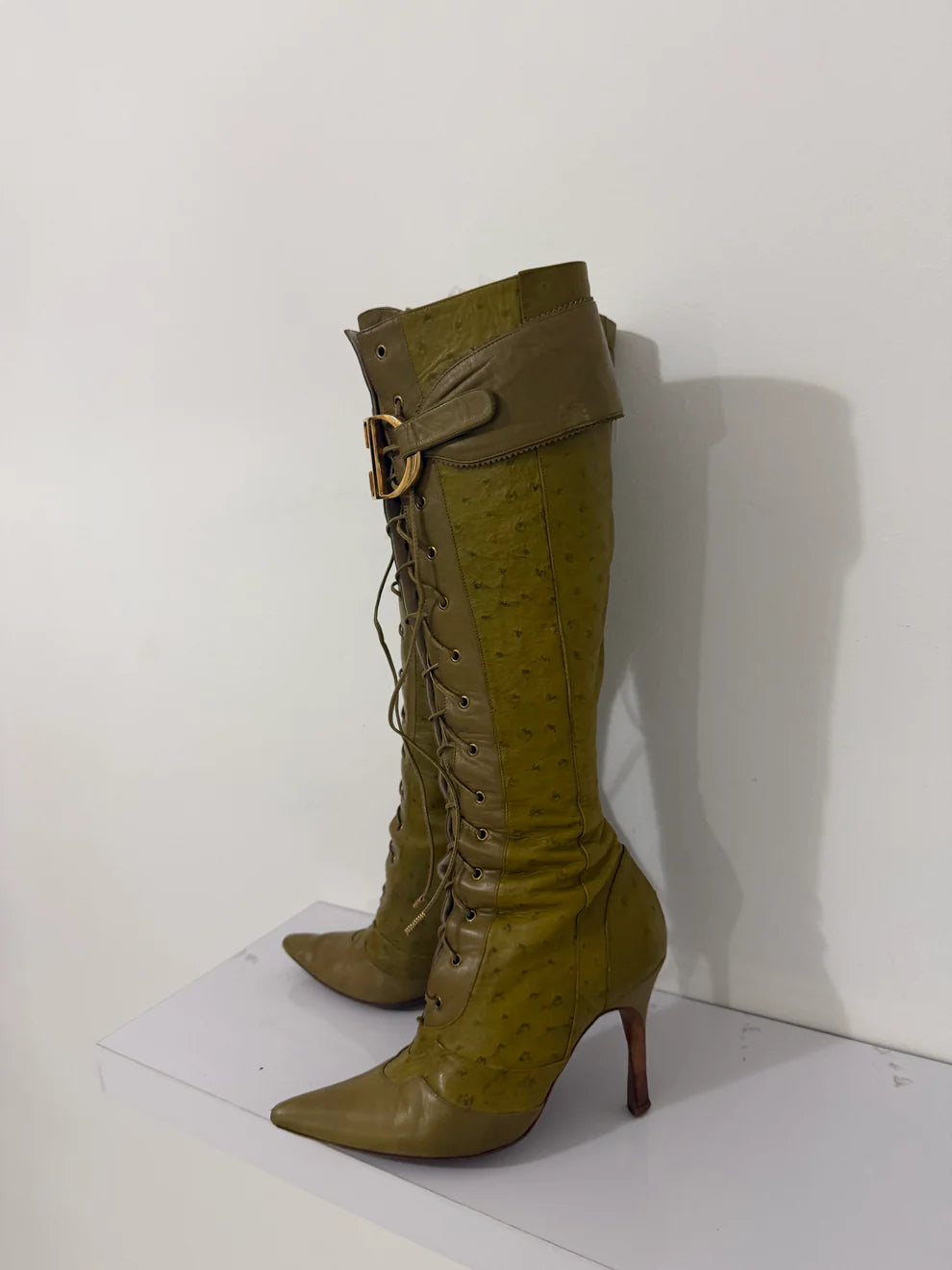 Ostrich-Embossed Lace-Up Pointed-Toe High Heel Boots