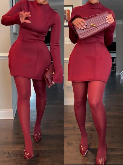 Mock Neck Long Sleeve Backless Sexy Mini Dress