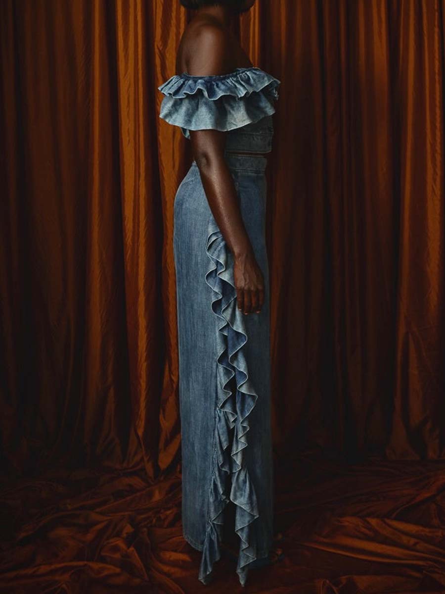 Denim Ruffled Off Shoulder Two Pieces Dress