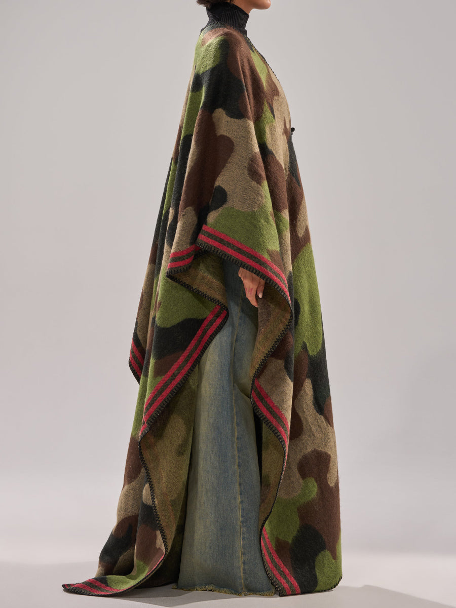 Knitted Camouflage-Print Maxi Poncho