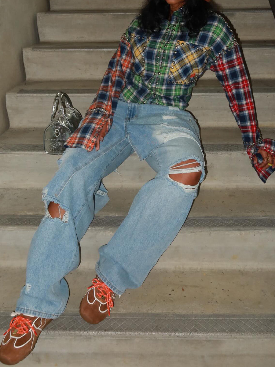 Studded Plaid Print Patchwork Shirt