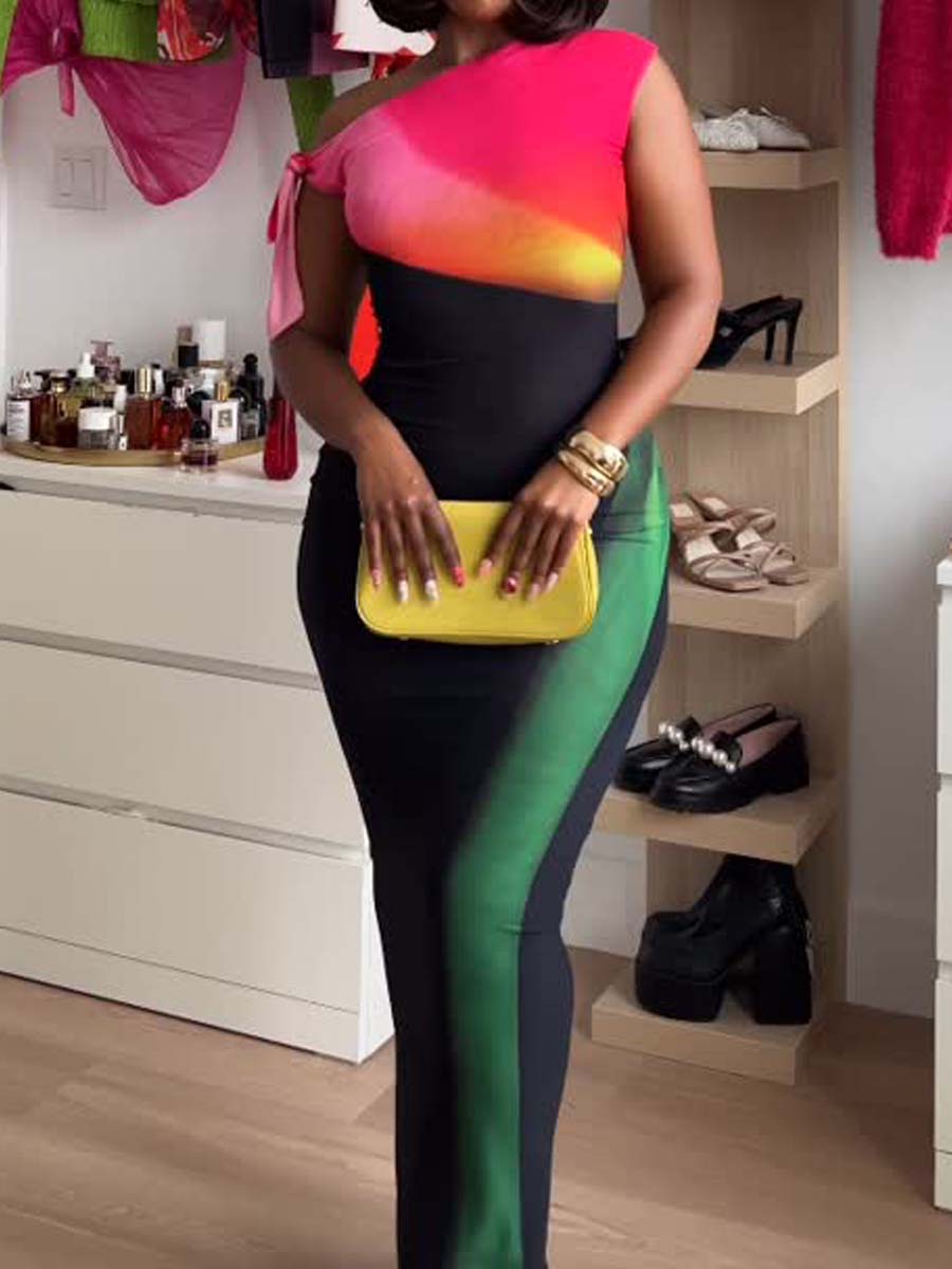 Fashion Stretch Color Block Sexy Skew Neck Dress