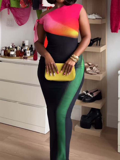 Fashion Stretch Color Block Sexy Skew Neck Dress