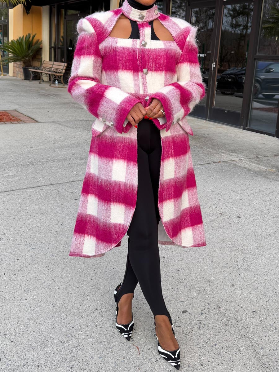 Plaid Print High Neck Cut Out Coat