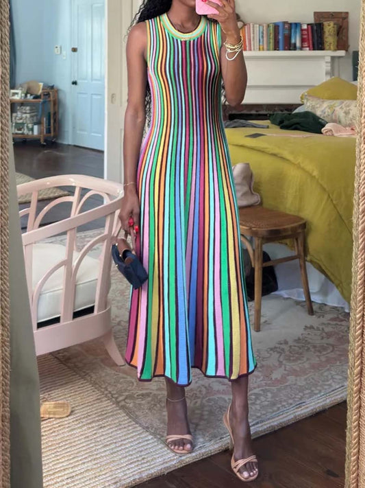 Rainbow Stripe Knitted Sleeveless Dress