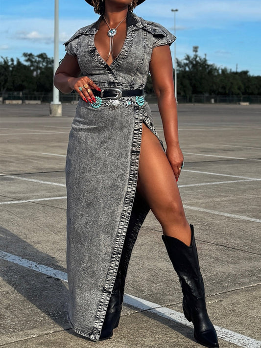 Deep V Neck Split Denim Maxi Dress