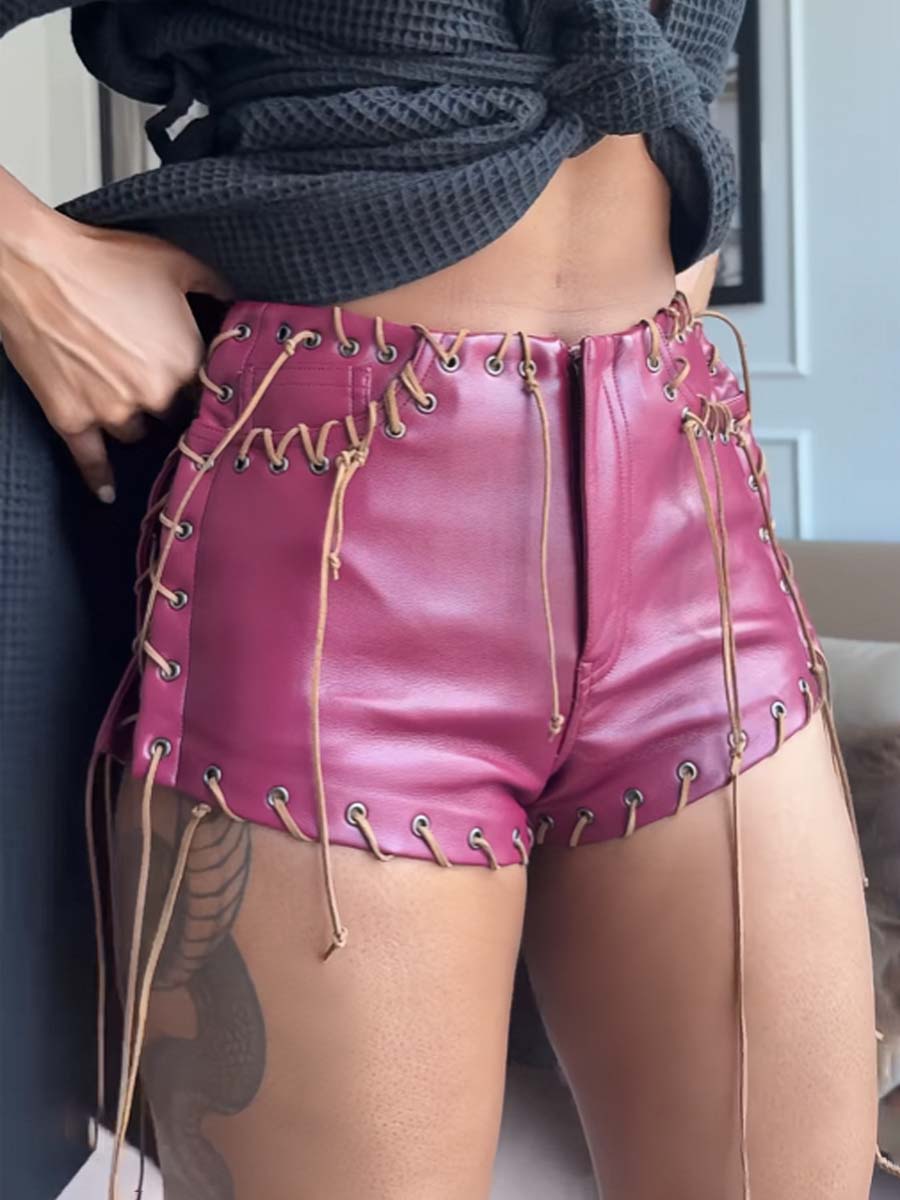 Sexy Eyelet Detail High Waist PU Short