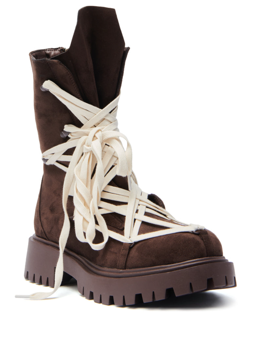 Chocolate Cross-Strap Suede Boots